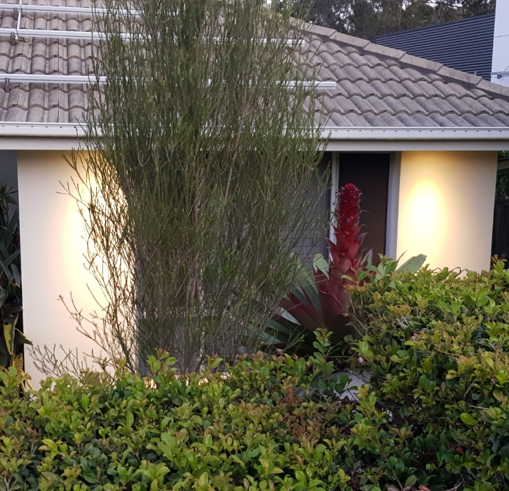 A home exterior with lighting on the walls.